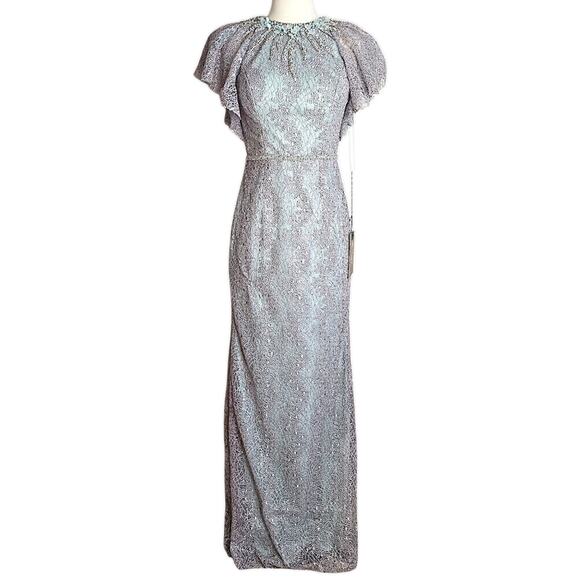 Mac Duggal Embellished Lace High Neck Formal Dress In Sage & Silver Size 2 NWT - Picture 1 of 14
